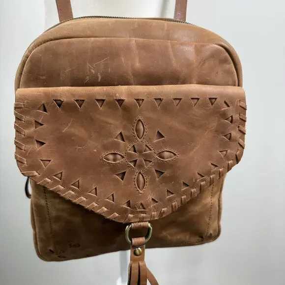 BORN Brown Leather Backpack Bag Distressed Bohemian Laser Cut Fringe Festival - Picture 16 of 16